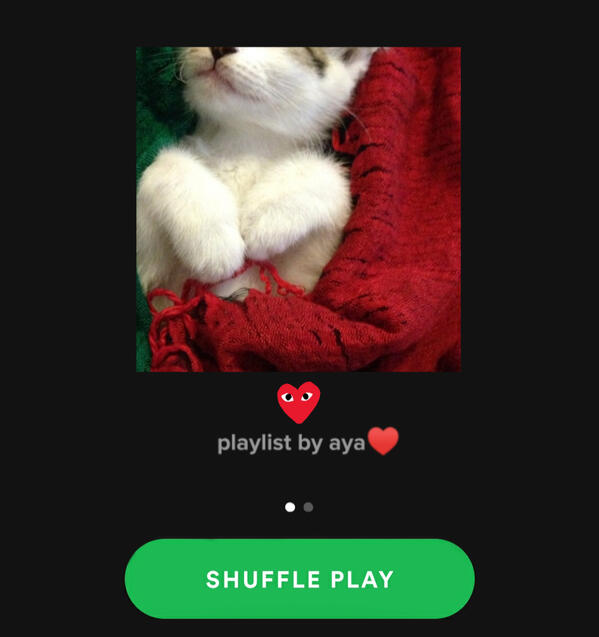 A thumbnail of a cat in a red blanket, captioned "heart, playlist by aya(heart emoji)". There's a green shuffle button under it.